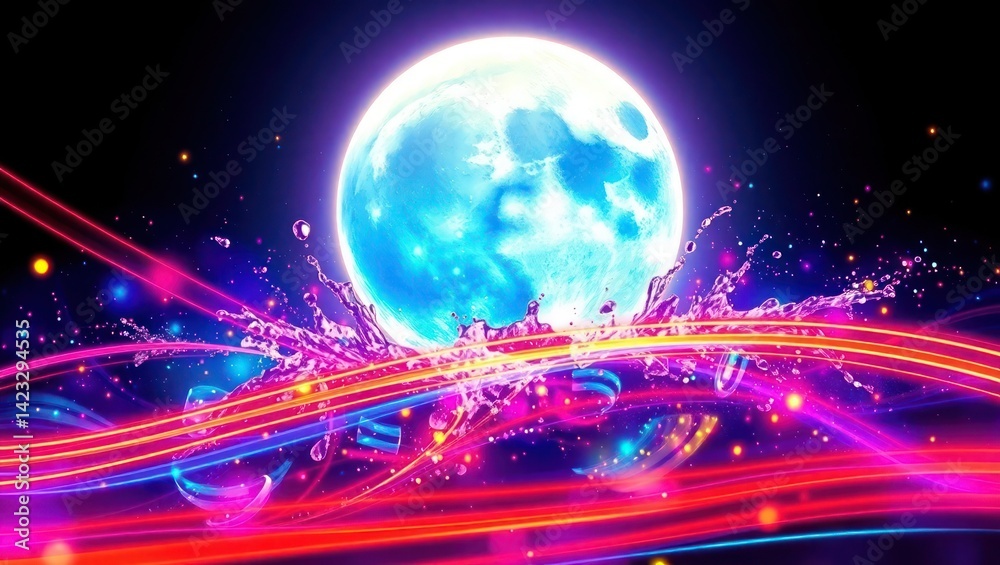 Obraz premium illustration of moon Neon splashing technology background