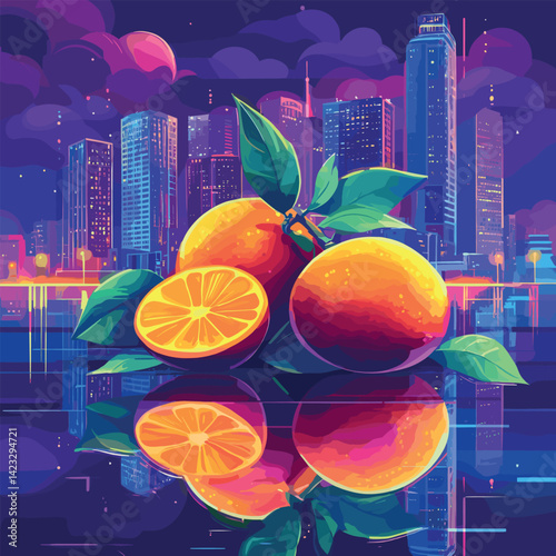 Vibrant oranges and reflective cityscape at night