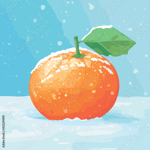 Snow-dusted orange with leaf on a wintery background