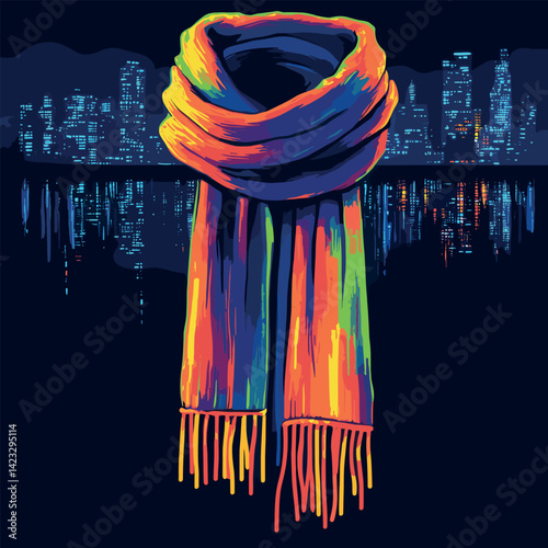 Abstract colorful scarf floating in nighttime city skyline reflection