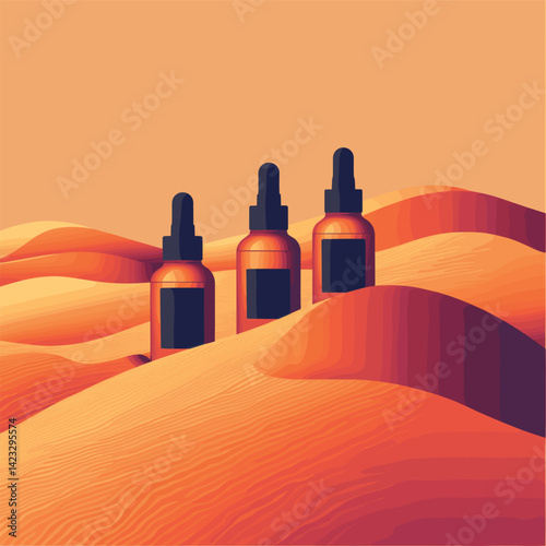 Amber serum bottles in vibrant desert sand dunes landscape
