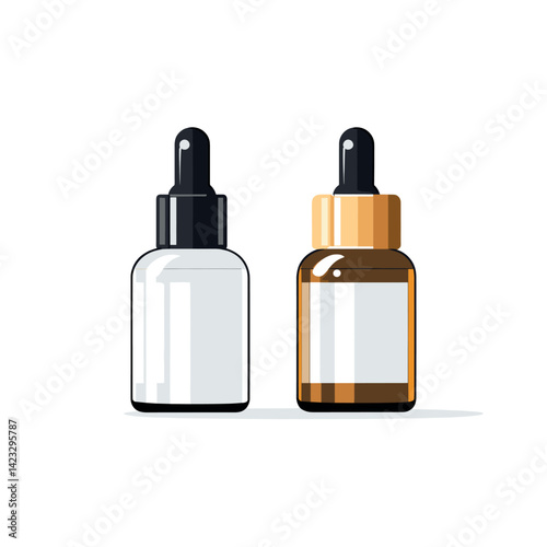 Empty clear and amber glass bottles with dropper caps on white background