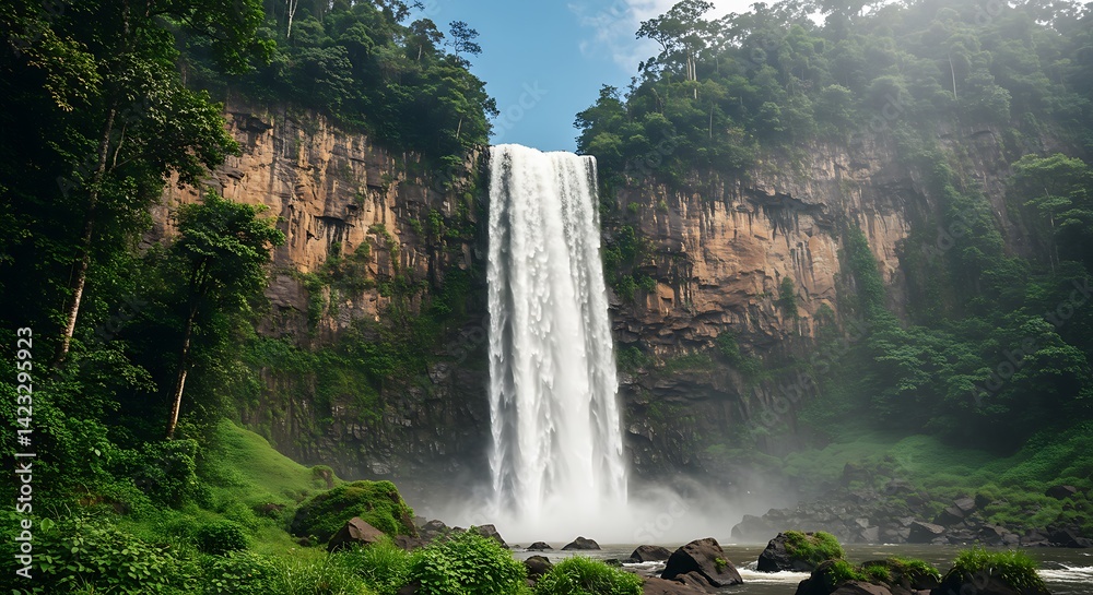 Fototapeta premium Tall Waterfall Through Rocky Cliffs with Green Vegetation