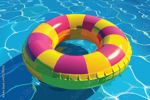 Colorful inflatable ring floating in the swimming pool. Vector illustration.