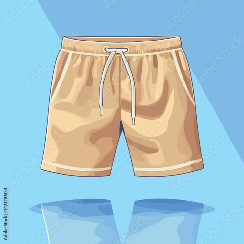 Stylish beige swim trunks with drawstring on blue background