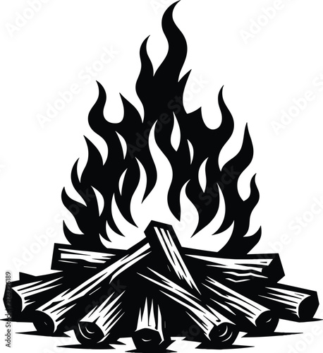Burning Bonfire with Large Flame Silhouette, Camping Fire Vector Illustration