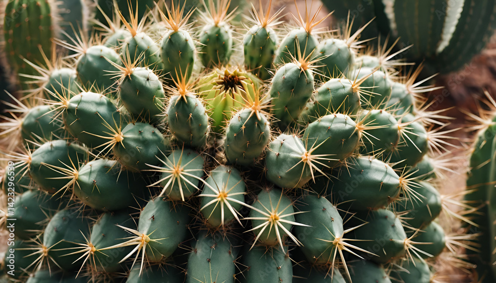 Close-up of a cactus cluster with numerous spines. Densely packed, vibrant green, and light tan spines radiating outward from a central point Close-up of a cactus cluster with numerous spines. Densely packed, vibrant green, and light tan spines radiating outward from a central point