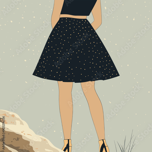 Stylish female in black polka dot skirt against nature background