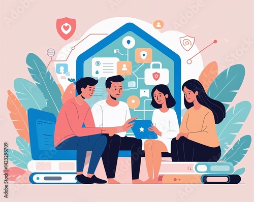 Family Discussing Online Privacy in Pastel Vector Style