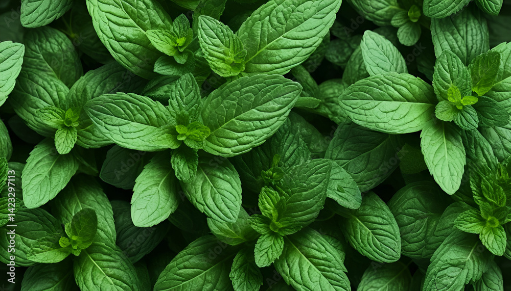 Close-up view of fresh, vibrant green mint leaves densely packed together. Healthy, aromatic, and full of vitality Close-up view of fresh, vibrant green mint leaves densely packed together. Healthy, aromatic, and full of vitality
