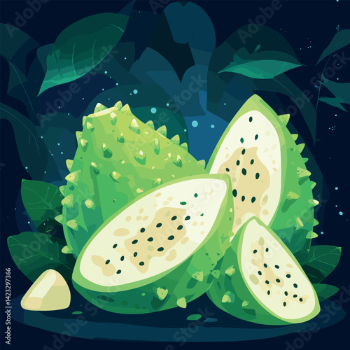 Vibrant green soursop fruit with leaves in a dark jungle setting