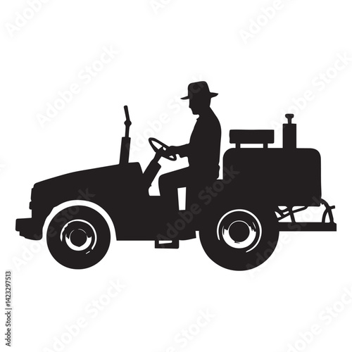 Black Silhouette of Farmer spay Machine isolated White Background.