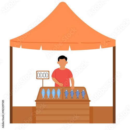  Fish Vendor Stall. Vector Illustration
