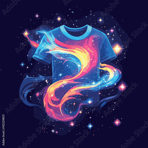 Vibrant cosmic t-shirt design with colorful galactic swirls