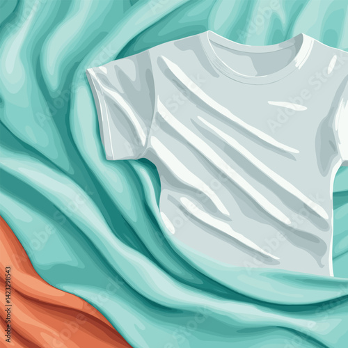 White t-shirt on flowing colorful fabric background