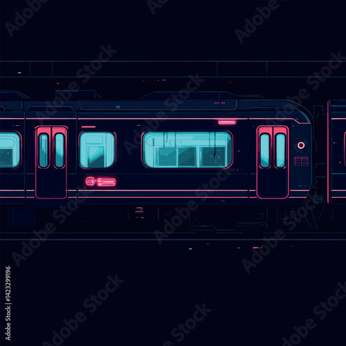 Futuristic neon train at night with glowing windows and dark background