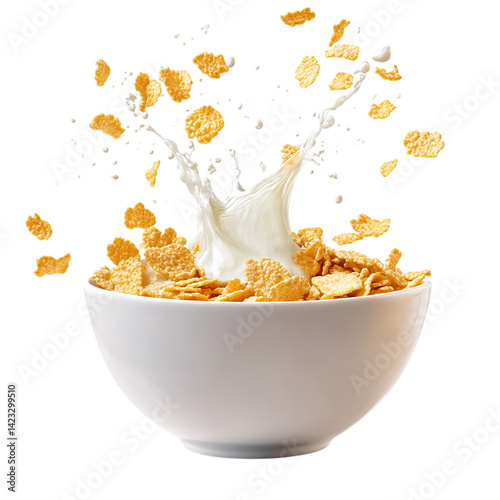 Breakfast cereal corn flakes with milk splash in bowl isolated on black background healthy food concept on transparent background