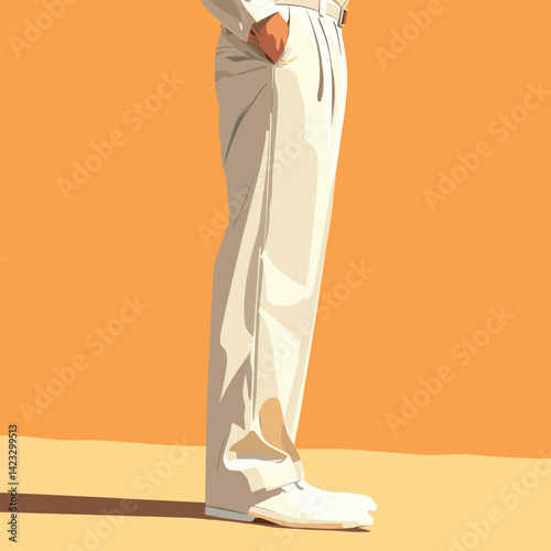 Stylish caucasian male in white trousers against orange background