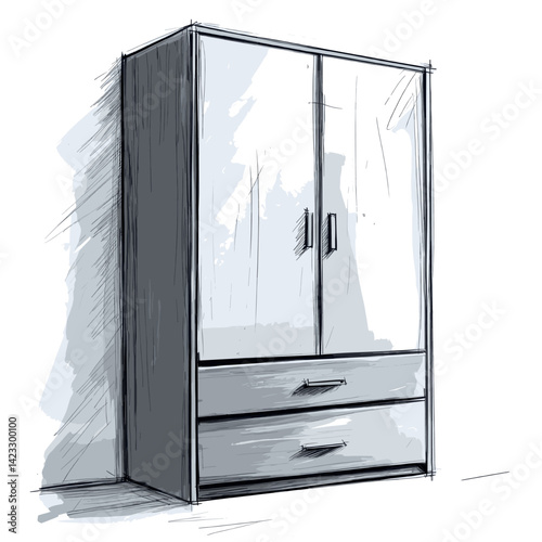 Minimalist sketch of a wooden wardrobe with two doors and drawers