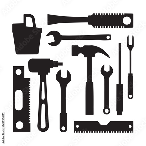 Construction instruments tools isolated Vectors Silhouette White Background.
