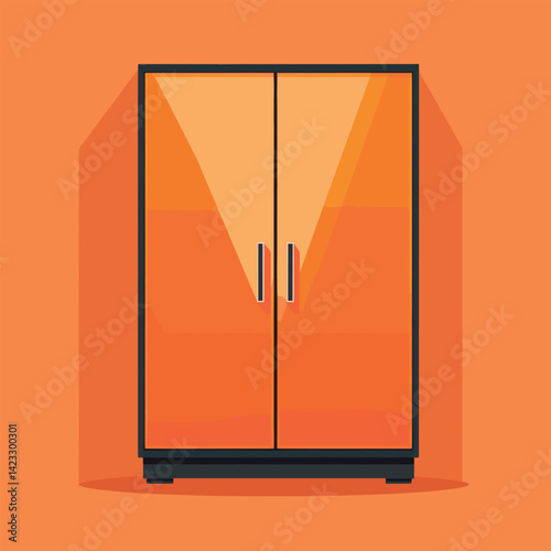 Modern orange wardrobe on a bright background with shadows and sleek handles
