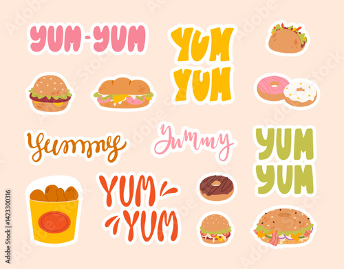 Fast food stickers pack. Junk food, burgers, sandwiches, donuts, chicken legs in basket, mexican tortillas. Yum yum yummy lettering, vector clipart