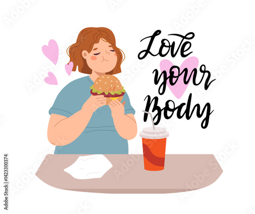 Girl eat burger and drink soda or lemonade. Lunch time, body positive concept. Overweight female character on dinner, fatty happy woman vector scene