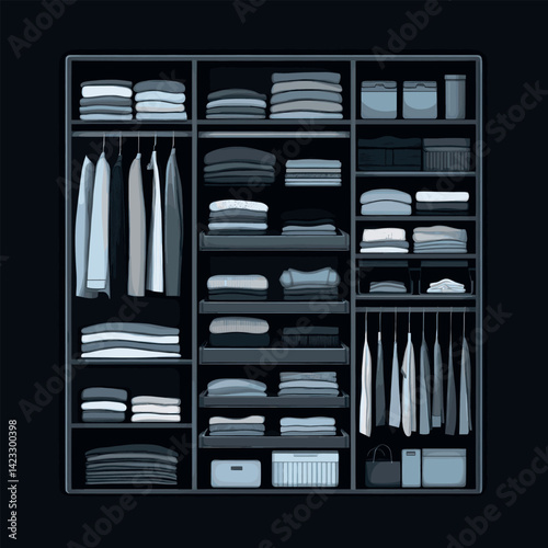 Organized minimalist wardrobe with neatly folded clothes and accessories