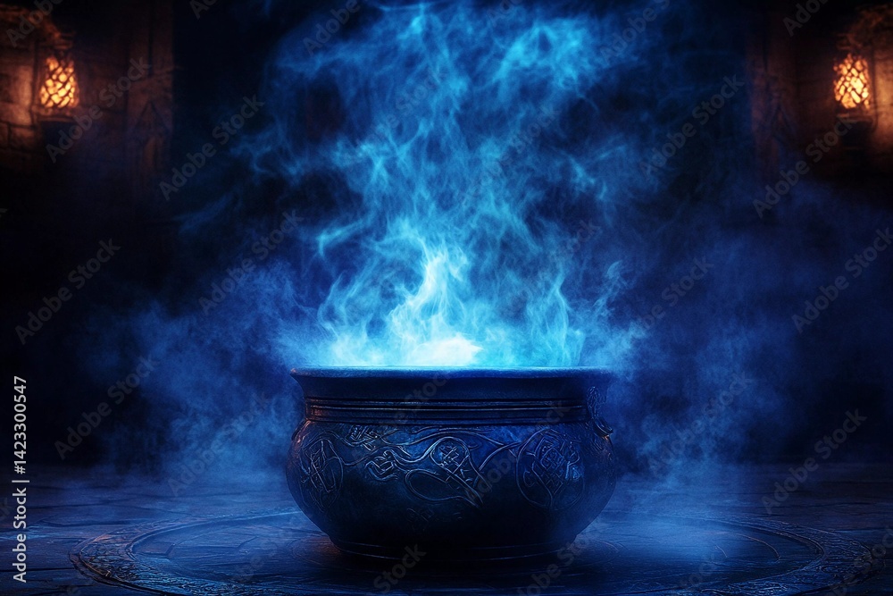 Cauldron boiling with dark smoke and flames in a mystical setting at night Cauldron boiling with dark smoke and flames in a mystical setting at night