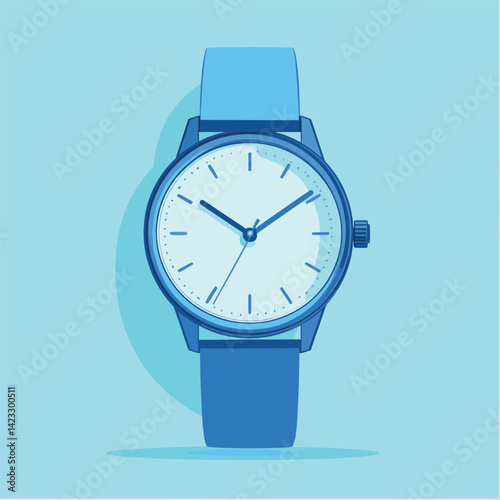 Minimalist blue wristwatch with light shadow on solid background
