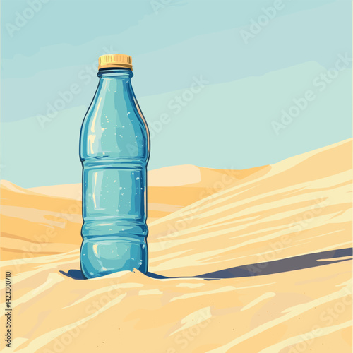 Plastic water bottle on sand dunes in sunlit desert scene