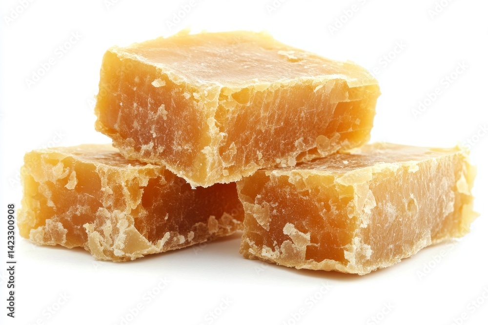 A close-up view displays the natural honeycomb blocks, highlighting the golden honey cells and texture A close-up view displays the natural honeycomb blocks, highlighting the golden honey cells and texture