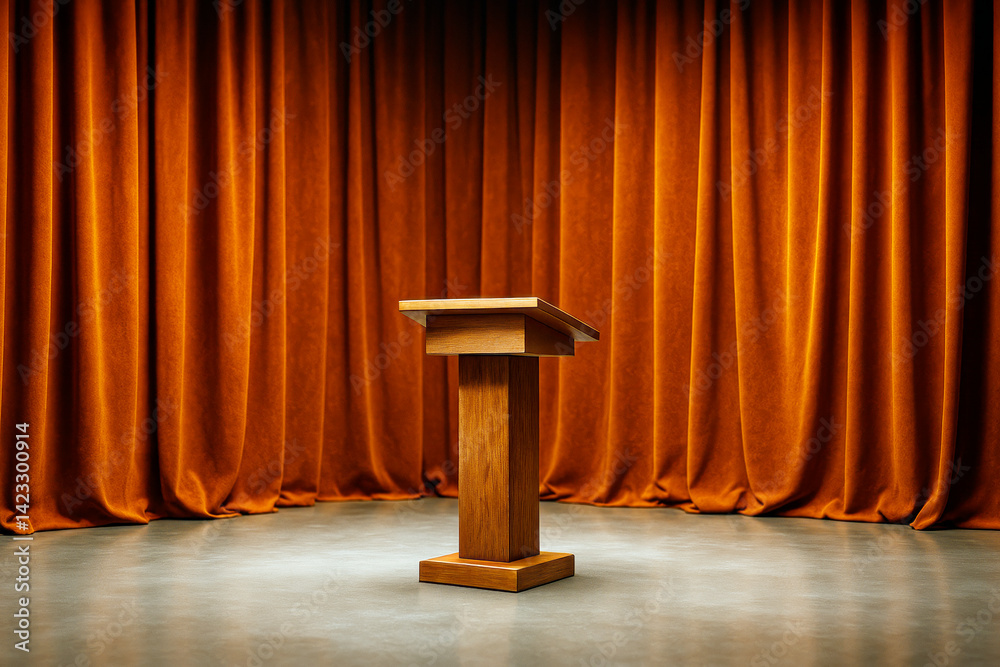 Wooden podium on empty stage with dramatic orange curtain background under spotlight in modern presentation concept scene. Ai generative.