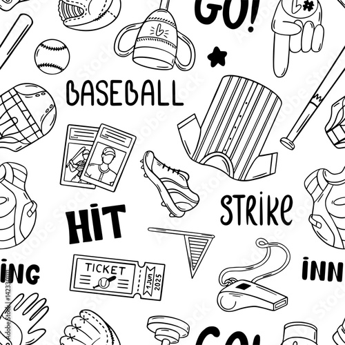 Baseball seamless pattern. Sport doodle equipment, ball bat uniform boots ticket. Sporty print for fabric web design wallpaper, neoteric vector background