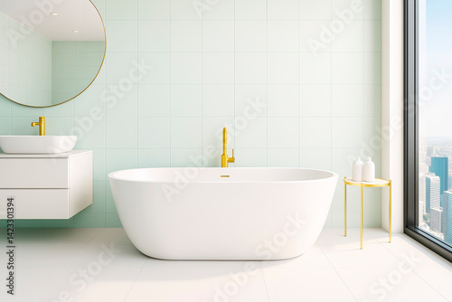 Obraz na płótnie Modern minimalist bathroom with white freestanding bathtub, gold fixtures, and city view through large window in bright interior space. w salonie