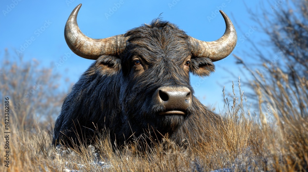 Naklejka premium A black bull is resting in a green meadow under a cloudy sky