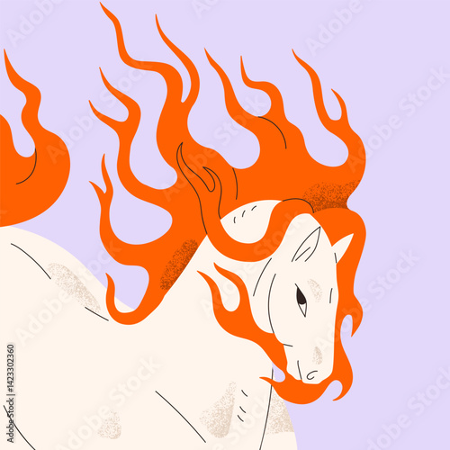 Fire horse with flowing burning mane. Majestic oriental zodiac symbol, Asian astrology sign for 2026 year. Elegant beautiful fiery mare, equine animal, square post card. Flat vector illustration