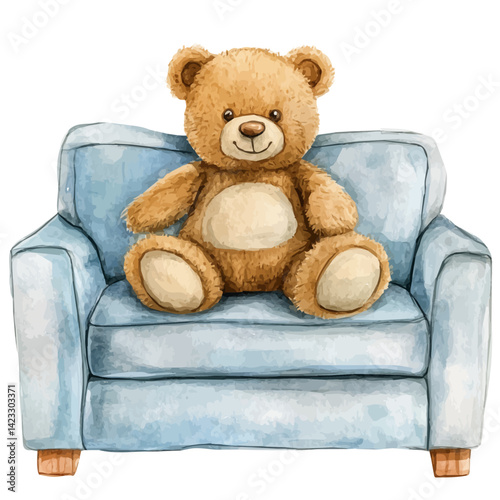 watercolor of Plush Teddy Bear Sitting On A Couch, vector, isolated on a white background.
