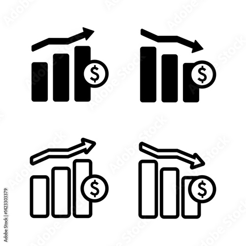 Icon or vector illustration set of stock market price trends increase and decrease with dollar symbol