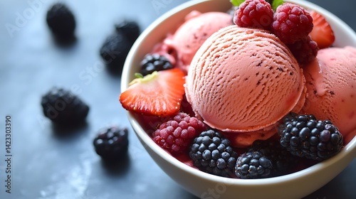 A bowl of Italian gelato topped with fresh berries