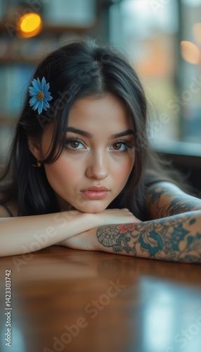 A striking young woman rests her chin on her arms, showcasing intricate tattoos and a delicate blue flower tucked in her dark hair. Her expressive gaze and soft features create an intimate atmosphere