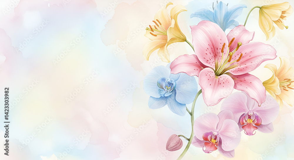 Delicate floral arrangement with lilies and orchids, soft pastel colors, blurred background Delicate floral arrangement with lilies and orchids, soft pastel colors, blurred background