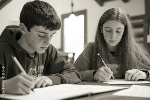 high definition image of classmateswriting and learning during study session photo