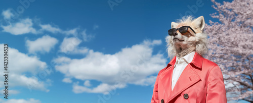Dog with Sunglasses on Blue Sky with Clouds: Anthropomorphic Dog with Sunglasses and Red Trench Coat on Panoramic Sky Background – Conceptual Banner with Copy Space