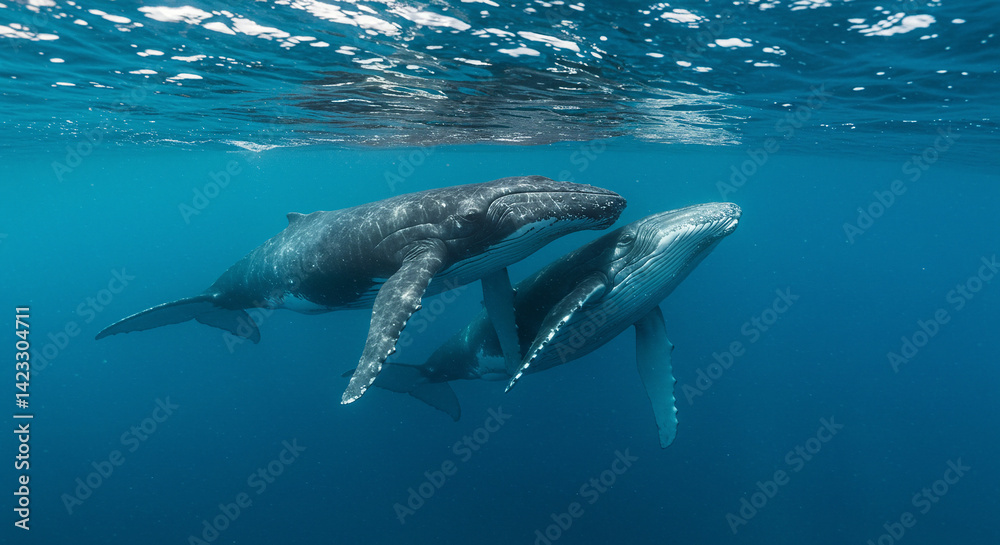 Fototapeta premium Whale Pod Swimming Underwater in Blue Ocean Depths