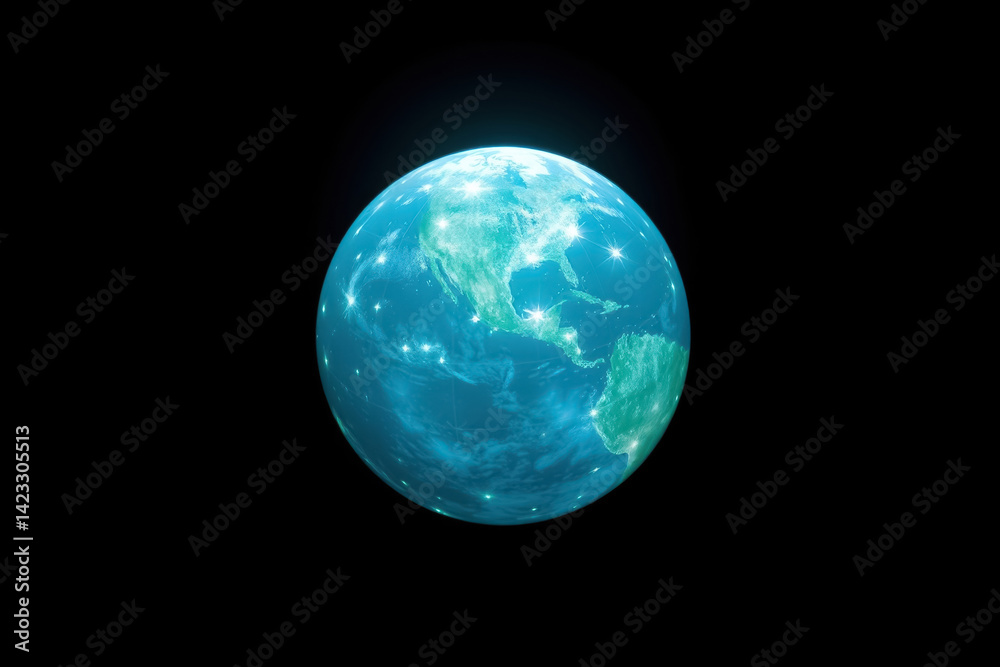 Illustration of Earth's illuminated surface viewed from space, showcasing North and South America against a dark galactic background. Stars sparkle across the planet, Illustration of Earth's illuminated surface viewed from space, showcasing North and South America against a dark galactic background. Stars sparkle across the planet,