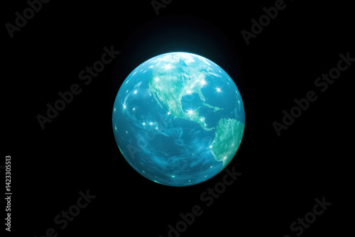 Illustration of Earth's illuminated surface viewed from space, showcasing North and South America against a dark galactic background. Stars sparkle across the planet,