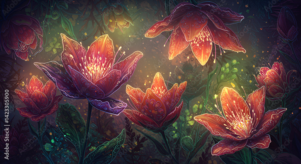 Enchanted glowing flowers in a mystical forest Enchanted glowing flowers in a mystical forest