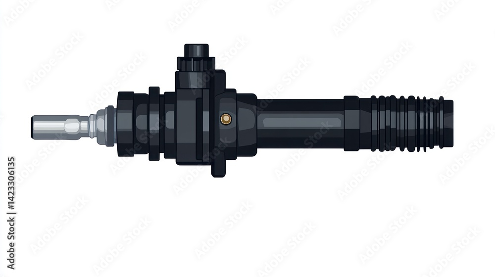 Automotive steering rack assembly. Components include a steering shaft, a cylinder, and a hose Automotive steering rack assembly. Components include a steering shaft, a cylinder, and a hose