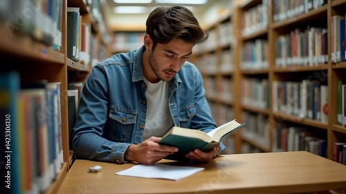 Young man focused on reading a book in a library  